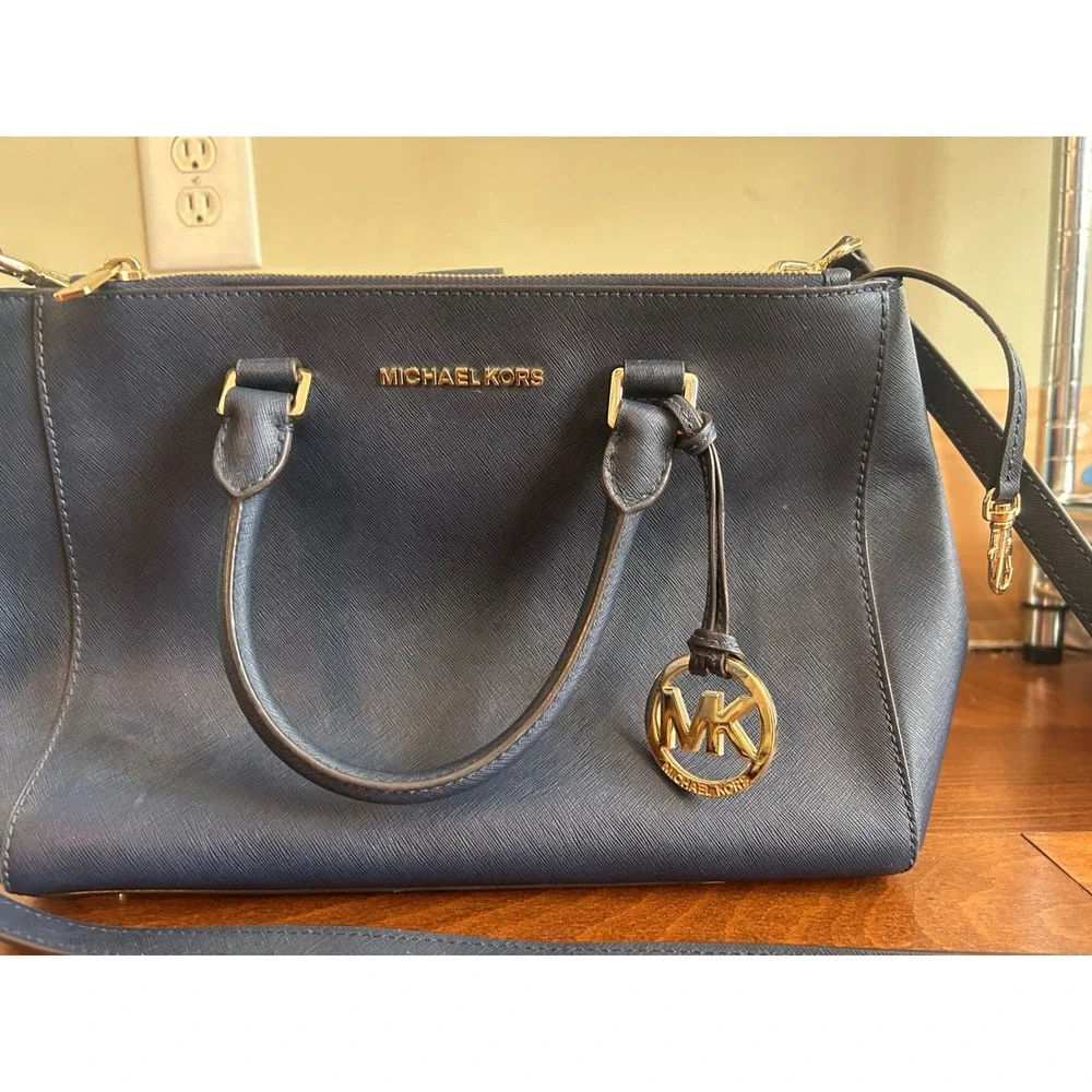 Michael Kors Savannah Navy Blue Saffiano Leather Satchel Crossbody Bag Gold Tone